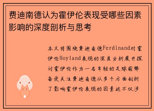 费迪南德认为霍伊伦表现受哪些因素影响的深度剖析与思考